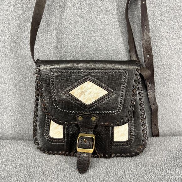 Vintage Hand Tooled Leather Crossbody Purse Womens Brown Hair-On Hide Western - Picture 15 of 15